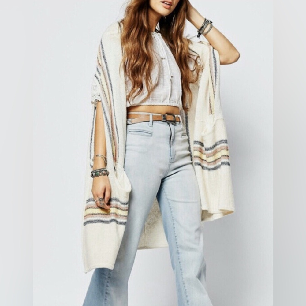 Free People Deck Chair Knit Kimono Cardi Neutral Beige with Stripes -XS/S